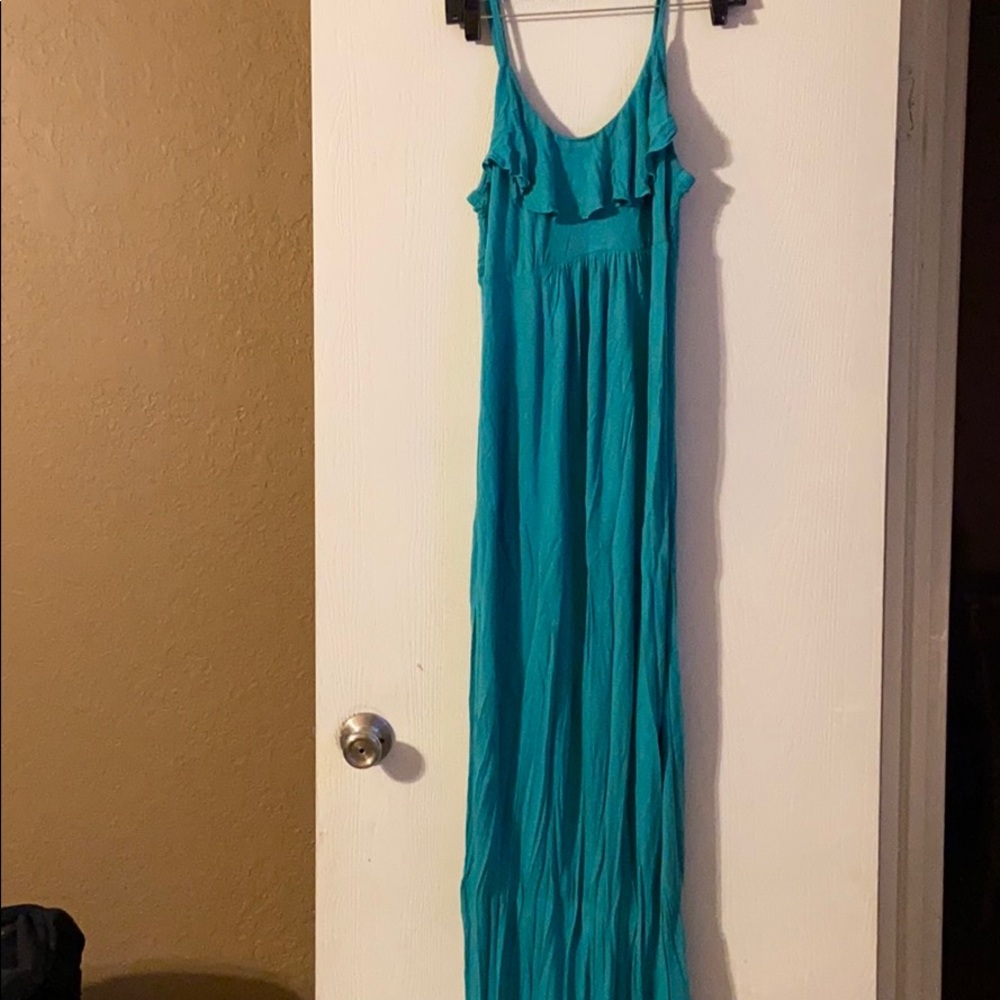 Teal colored maternity maxi dress.